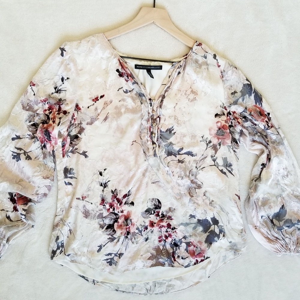 WHBM White & Pink Floral, Velvet Sheer Blouse